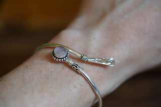 Rose Quartz Silver Bangle Bracelet – Boho Cuff with White Gemstone – Adjustable Statement Jewellery Gift for Her