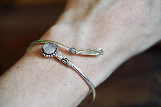 Rose Quartz Silver Bangle Bracelet – Boho Cuff with White Gemstone – Adjustable Statement Jewellery Gift for Her