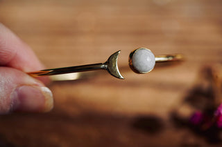Moonstone Gold Moon Bangle, Brass and Moonstone Moon Bracelet, Moon Lover Gift, Witchy Moon Bracelet