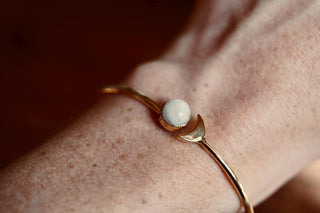Moonstone Gold Moon Bangle, Brass and Moonstone Moon Bracelet, Moon Lover Gift, Witchy Moon Bracelet