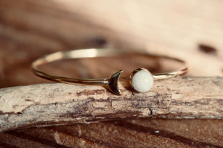 Moonstone Gold Moon Bangle, Brass and Moonstone Moon Bracelet, Moon Lover Gift, Witchy Moon Bracelet