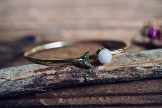 Moonstone Gold Moon Bangle, Brass and Moonstone Moon Bracelet, Moon Lover Gift, Witchy Moon Bracelet