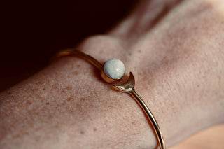 Moonstone Gold Moon Bangle, Brass and Moonstone Moon Bracelet, Moon Lover Gift, Witchy Moon Bracelet