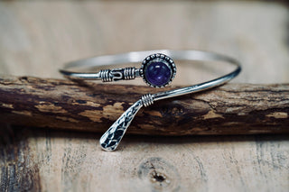 Amethyst Silver Bangle Bracelet – Boho Cuff with Purple Gemstone – Adjustable Statement Jewellery Gift for Her