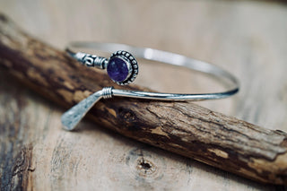 Amethyst Silver Bangle Bracelet – Boho Cuff with Purple Gemstone – Adjustable Statement Jewellery Gift for Her