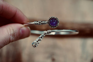 Amethyst Silver Bangle Bracelet – Boho Cuff with Purple Gemstone – Adjustable Statement Jewellery Gift for Her