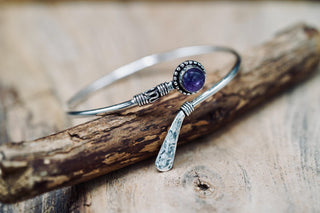 Amethyst Silver Bangle Bracelet – Boho Cuff with Purple Gemstone – Adjustable Statement Jewellery Gift for Her