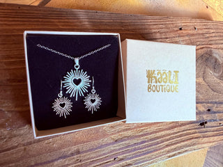 Mexican Sacred Heart Necklace and Earrings Set, Silver Heart Sunburst Jewellery Gift Box