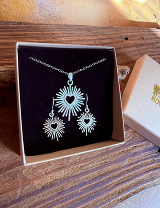 Mexican Sacred Heart Necklace and Earrings Set, Silver Heart Sunburst Jewellery Gift Box