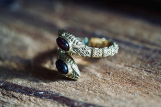 Carnelian Snake Ring, Two Snake Head Brass Ring, Wrap Around Snake Ring, Adjustable Ring