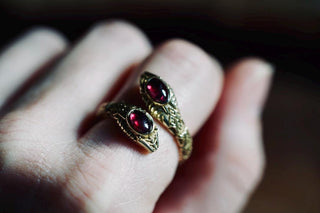 Carnelian Snake Ring, Two Snake Head Brass Ring, Wrap Around Snake Ring, Adjustable Ring