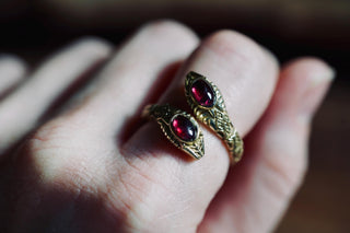 Carnelian Snake Ring, Two Snake Head Brass Ring, Wrap Around Snake Ring, Adjustable Ring