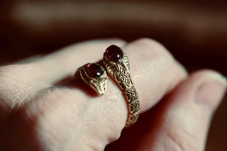 Carnelian Snake Ring, Two Snake Head Brass Ring, Wrap Around Snake Ring, Adjustable Ring