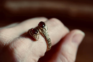 Carnelian Snake Ring, Two Snake Head Brass Ring, Wrap Around Snake Ring, Adjustable Ring
