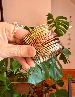 Triple Metal Cuff Bracelet, Gold Silver Copper Plated Bangle, Textured Wide Boho Bracelet, Statement Jewellery, Alternative Fashion Gift