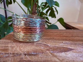 Triple Metal Cuff Bracelet, Gold Silver Copper Plated Bangle, Textured Wide Boho Bracelet, Statement Jewellery, Alternative Fashion Gift