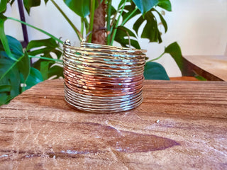 Triple Metal Cuff Bracelet, Gold Silver Copper Plated Bangle, Textured Wide Boho Bracelet, Statement Jewellery, Alternative Fashion Gift