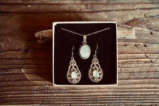 Moonstone & Brass Jewellery Gift Set – Ornate Boho Necklace and Drop Earrings