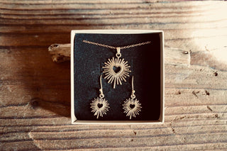 Mexican Sacred Gold Heart Necklace and Earrings Set, Brass Heart Sunburst Jewellery Gift Box