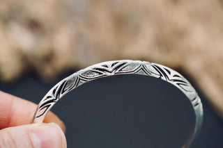 Men’s Silver Cuff Bracelet, Engraved Geometric Bangle, Boho Alternative Jewellery, Silver Open Cuff, Unique Gift for Him
