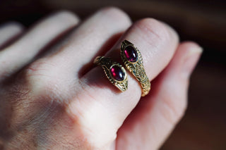 Carnelian Snake Ring, Two Snake Head Brass Ring, Wrap Around Snake Ring, Adjustable Ring