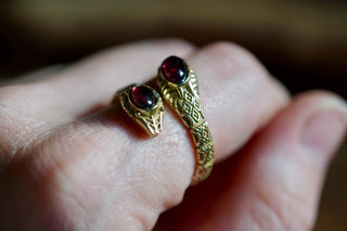 Carnelian Snake Ring, Two Snake Head Brass Ring, Wrap Around Snake Ring, Adjustable Ring