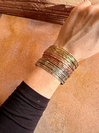 Triple Metal Cuff Bracelet, Gold Silver Copper Plated Bangle, Textured Wide Boho Bracelet, Statement Jewellery, Alternative Fashion Gift