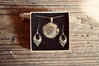 Boho & Celestial Earrings Jewellery Gift Set, Statement Sun Pendant and Bohemian Dangle Earrings