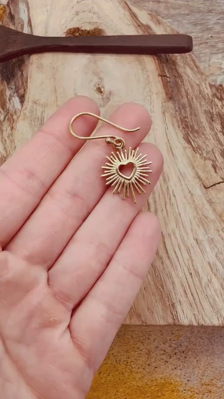 Brass Sacred Heart Earrings, Small Mexican Milagro Inspired Earrings, Sunburst Heart Dangles, Boho Gold Earrings