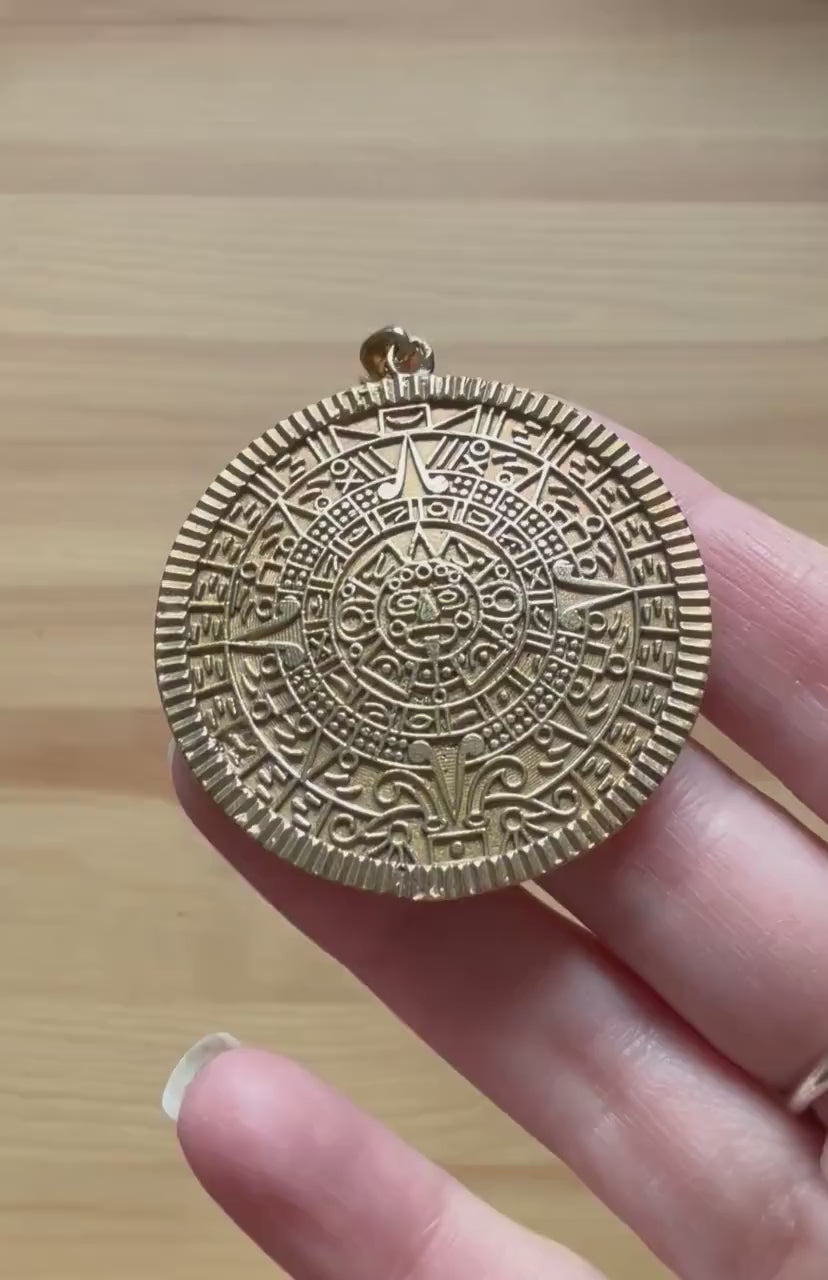 Gold Sacred Mayan Calendar Necklace / Hypoallergenic / Brass / Boho / Aztec / Inca / Ethnic / Hypoallergenic / Third Eye / Illuminati