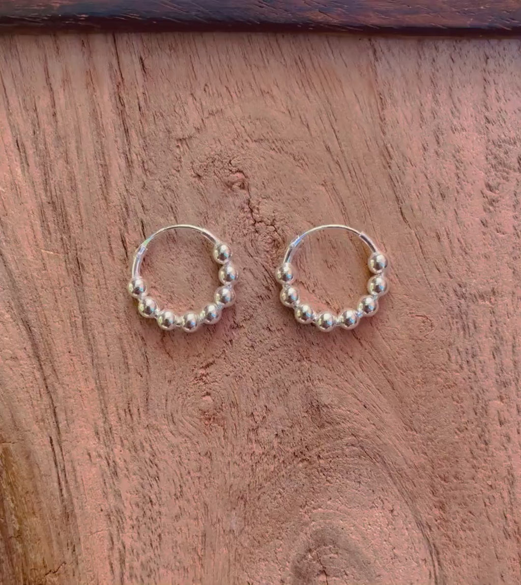 Orb Hoop Earrings Sterling Silver 925 Clicker / Pure Silver Earrings / Dainty / Ethnic Boho Bohemian Marriage Bridal Jewelry Hippie