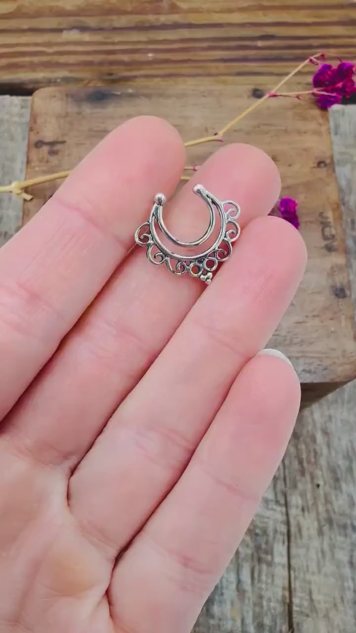 Sterling Silver Faux Septum Ring | Ornate Fake Septum | Boho Tribal Septum Jewelry | Clip On Silver Septum | Festival Jewelry