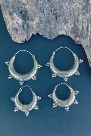 Silver Chunky Hoop Earrings, Multiple Size Beaded Hoop Earrings, Ethnic Hoop Earrings, Boho Statement Earrings