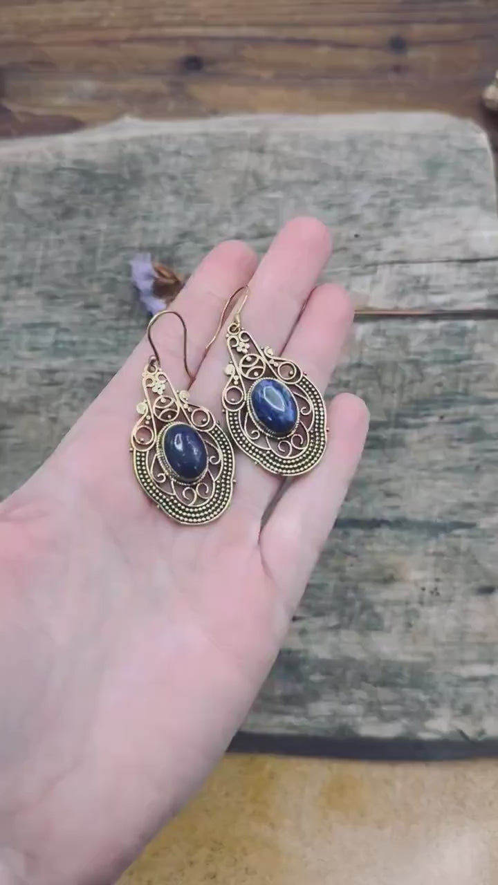 Large Brass Lapis Lazuli Drop earrings, Statement Boho Earrings, Gift for Her