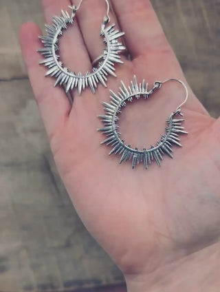 Spikey Silver Hoops, Steampunk Silver Plated Earrings, Hypoallergenic Option