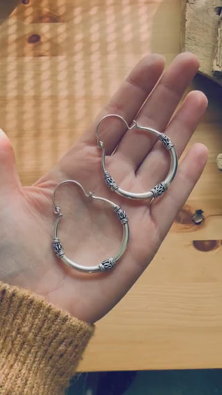 Silver Tribal Hoop Earrings / Ethnic / Rustic / Bohemian / Gypsy / Hippie / Chunky