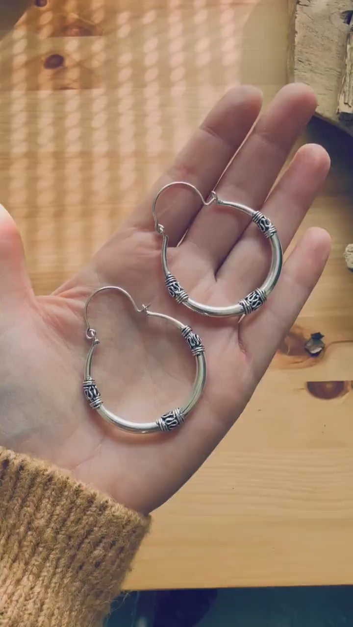 Silver Tribal Hoop Earrings / Ethnic / Rustic / Bohemian / Gypsy / Hippie / Chunky
