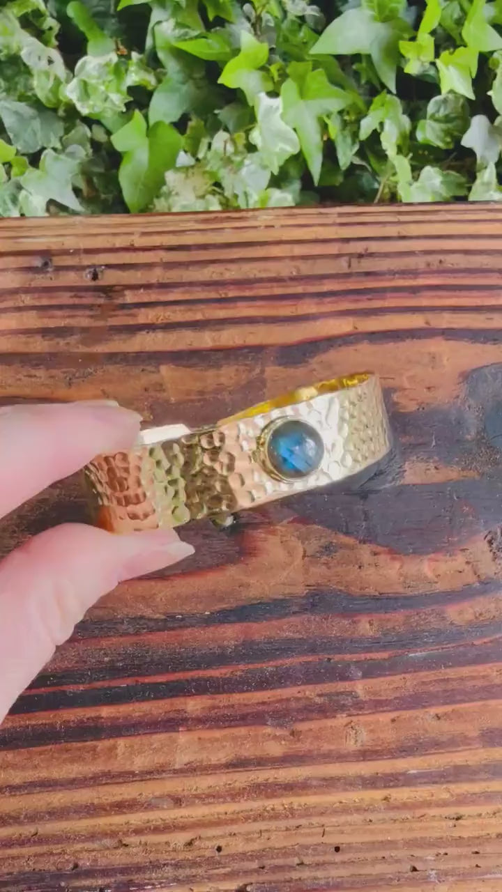 Hammered Brass Bracelet Labradorite , Adjustable Bohemian Jewellery, Ethnic Style, Rustic