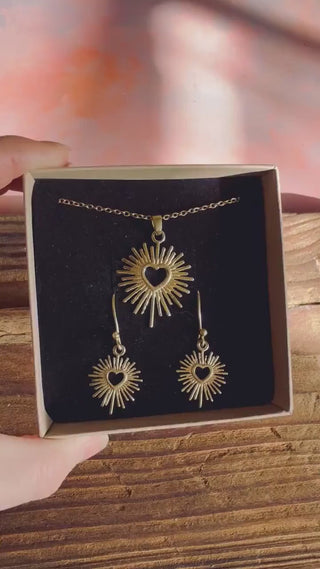 Mexican Sacred Gold Heart Necklace and Earrings Set, Brass Heart Sunburst Jewellery Gift Box