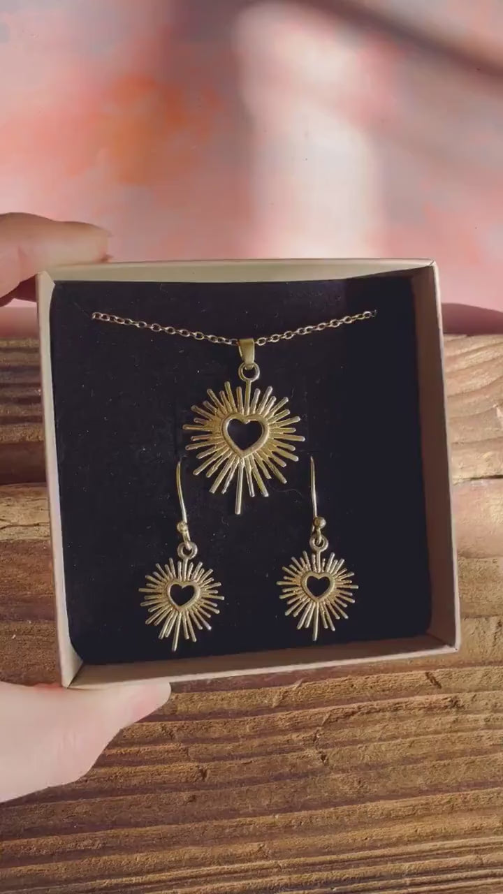 Mexican Sacred Gold Heart Necklace and Earrings Set, Brass Heart Sunburst Jewellery Gift Box