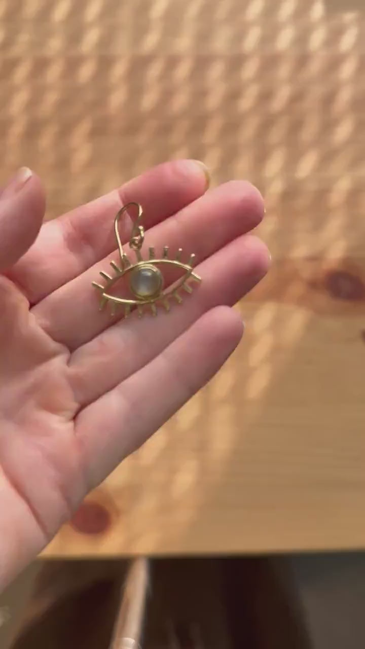 Eye Pendant Earrings Labradorite, Dangling Statement Fish Hook, Unique Jewellery, Gift for Spiritual Woman