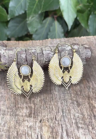 Gold Scarab Earrings Ancient Moonstone & Brass ; Ethnic, Geometric, rustic, yoga, hippie, gypsy, pretty, boho, bohemian, festival