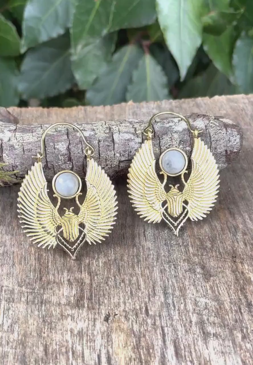 Gold Scarab Earrings Ancient Moonstone & Brass ; Ethnic, Geometric, rustic, yoga, hippie, gypsy, pretty, boho, bohemian, festival