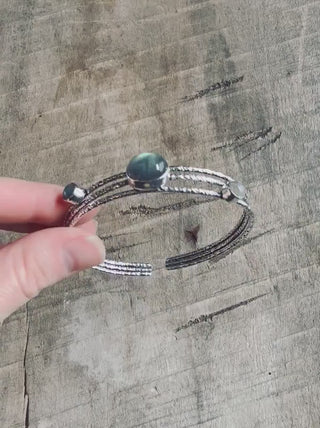 Triple Stone Labradorite Hammered Silver Bracelet Adjustable, Gift Box Option, Bohemian Jewellery, Boho, Artisanal