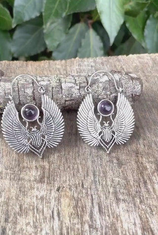 Silver Scarab Earrings Ancient Egypt & Amethyst ; Ethnic, Geometric, rustic, yoga, hippie, gypsy, pretty, boho, bohemian, festival