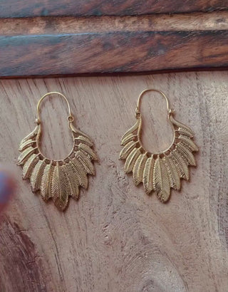 Golden Feather Earrings / Brass Jewellery / Boho Style /  Ethnic Hoops / Unique Gift / Birds / Animals / Nature / Wildlife / Tropical /