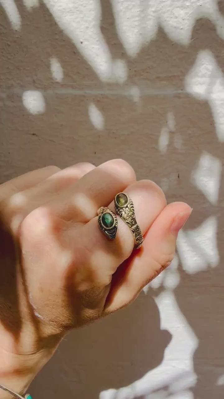 Labradorite Snake Ring, Two Snake Head Brass Ring, Wrap Around Snake Ring