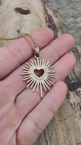 Sacred Heart Pendant Necklace, Mexican Milagro Inspired Necklace, Sunburst Heart Necklace, Boho Gold Necklace