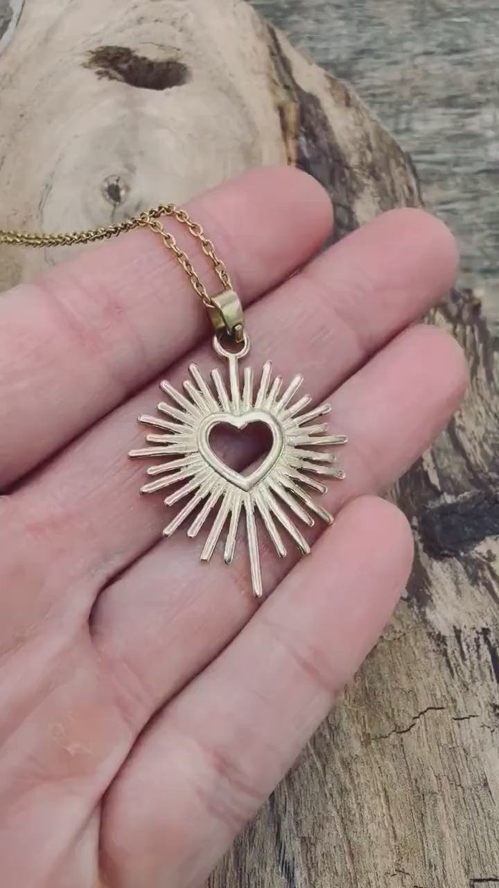 Sacred Heart Pendant Necklace, Mexican Milagro Inspired Necklace, Sunburst Heart Necklace, Boho Gold Necklace