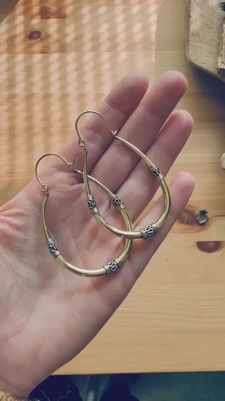 Bali Golden Oval Hoop Earrings / Brass Long / Tribal / Ethnic / Rustic / Bohemian / Gypsy